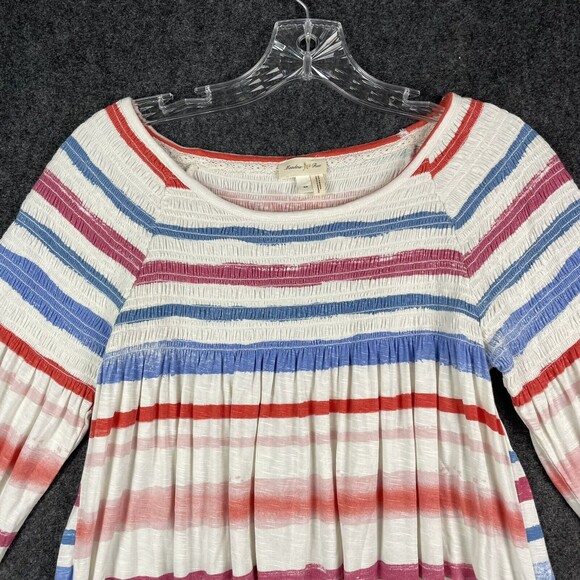 Anthropologie Meadow Rue Smoked Peasant Top Striped White Blue Red SZ XS EUC - Picture 2 of 8